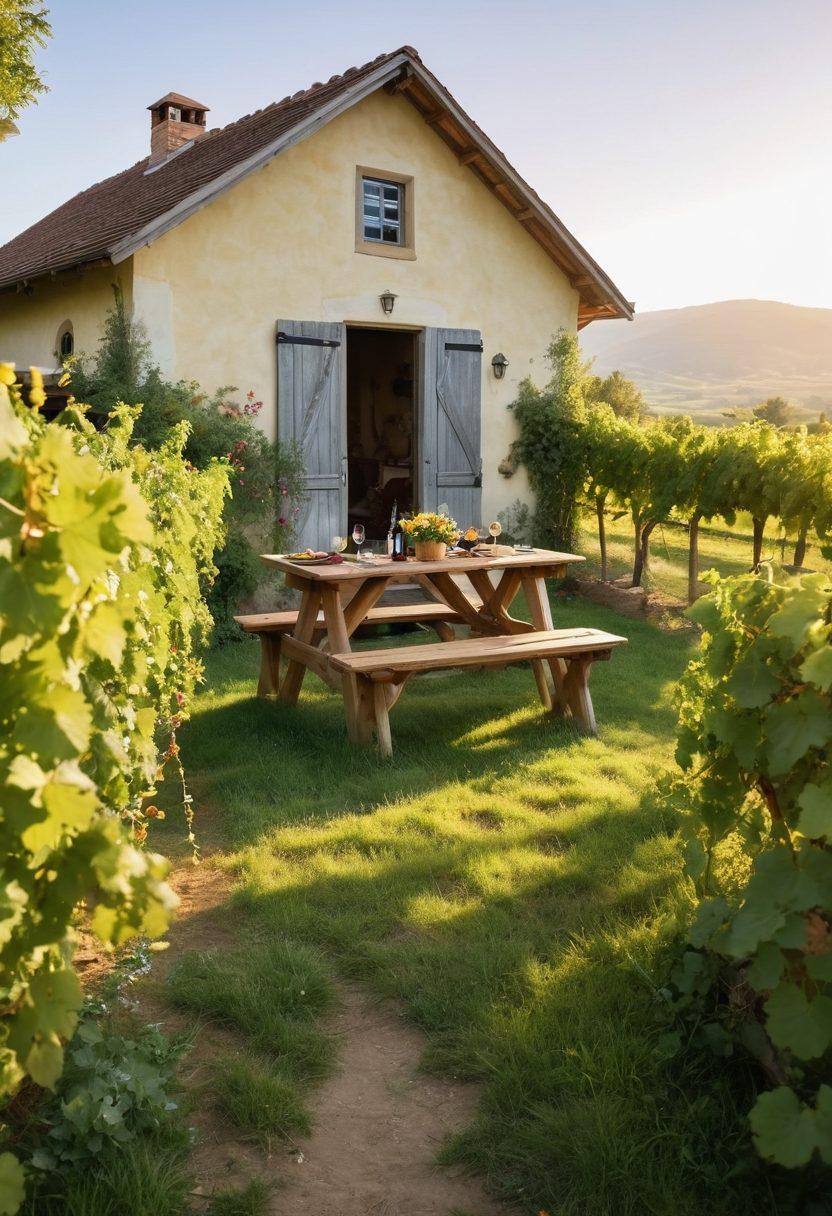 A picturesque vineyard landscape basking in golden sunlight, with rolling hills covered in lush grapevines. Include a rustic wooden picnic table laden with fresh grapes, a bottle of wine, and glasses. In the background, a charming winery building peeks through the vines, surrounded by vibrant wildflowers. Capture a joyful couple laughing and toasting together, embodying the essence of adventure and delight. painting. vibrant colors. serene atmosphere.