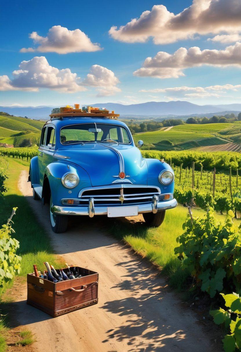 A picturesque landscape featuring a vintage car parked beside a vineyard, with a scenic road winding through rolling hills. The car's trunk is open, displaying an assortment of wine bottles and picnic essentials ready for an adventure. Sunlight filters through green grapevines, creating a warm and inviting atmosphere. In the background, a bright blue sky with fluffy clouds enhances the joyful essence of travel and exploration. painterly style. vibrant colors.