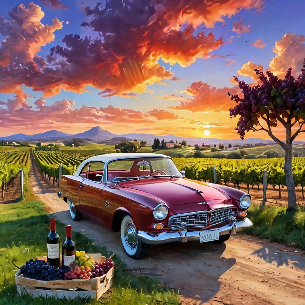A scenic road trip scene with a vibrant sunset, showcasing a stylish car parked beside a vineyard overflowing with cheerful wine bottles. The foreground features a picnic setup, inviting travelers to enjoy a glass of wine amidst the beauty of nature. Add playful elements like animated grape characters and whimsical clouds to enhance the joyful atmosphere. painting. vibrant colors. 3D.